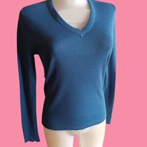 Medium Vintage V-Neck Sweater Teal Long-Sleeve Knit Wool/Acrylic 1980's Mom